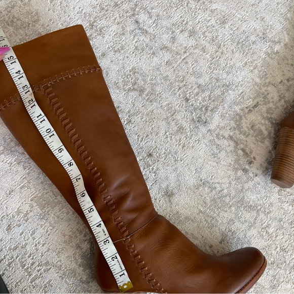 Joie Tall Leather Cognac Exposed Stitch Block Heel Boots - Picture 7 of 12